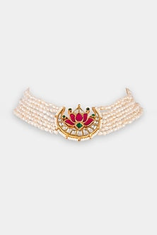 Gold Finish Kundan Polki & Pearl Choker Necklace In 18 Kt Gold