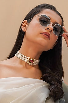 Gold Finish Kundan Polki & Pearl Choker Necklace In 18 Kt Gold