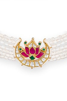 Gold Finish Kundan Polki & Pearl Choker Necklace In 18 Kt Gold