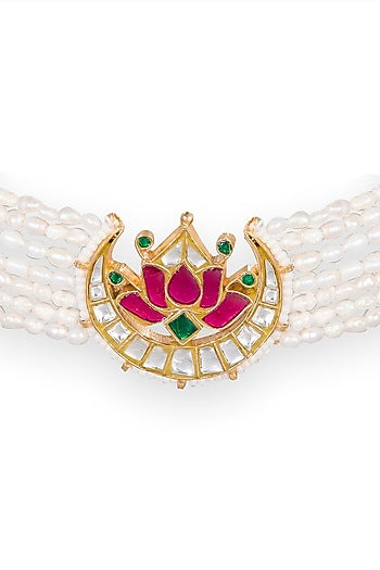 Gold Finish Kundan Polki & Pearl Choker Necklace In 18 Kt Gold