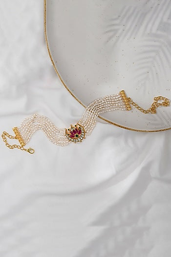 Gold Finish Kundan Polki & Pearl Choker Necklace In 18 Kt Gold