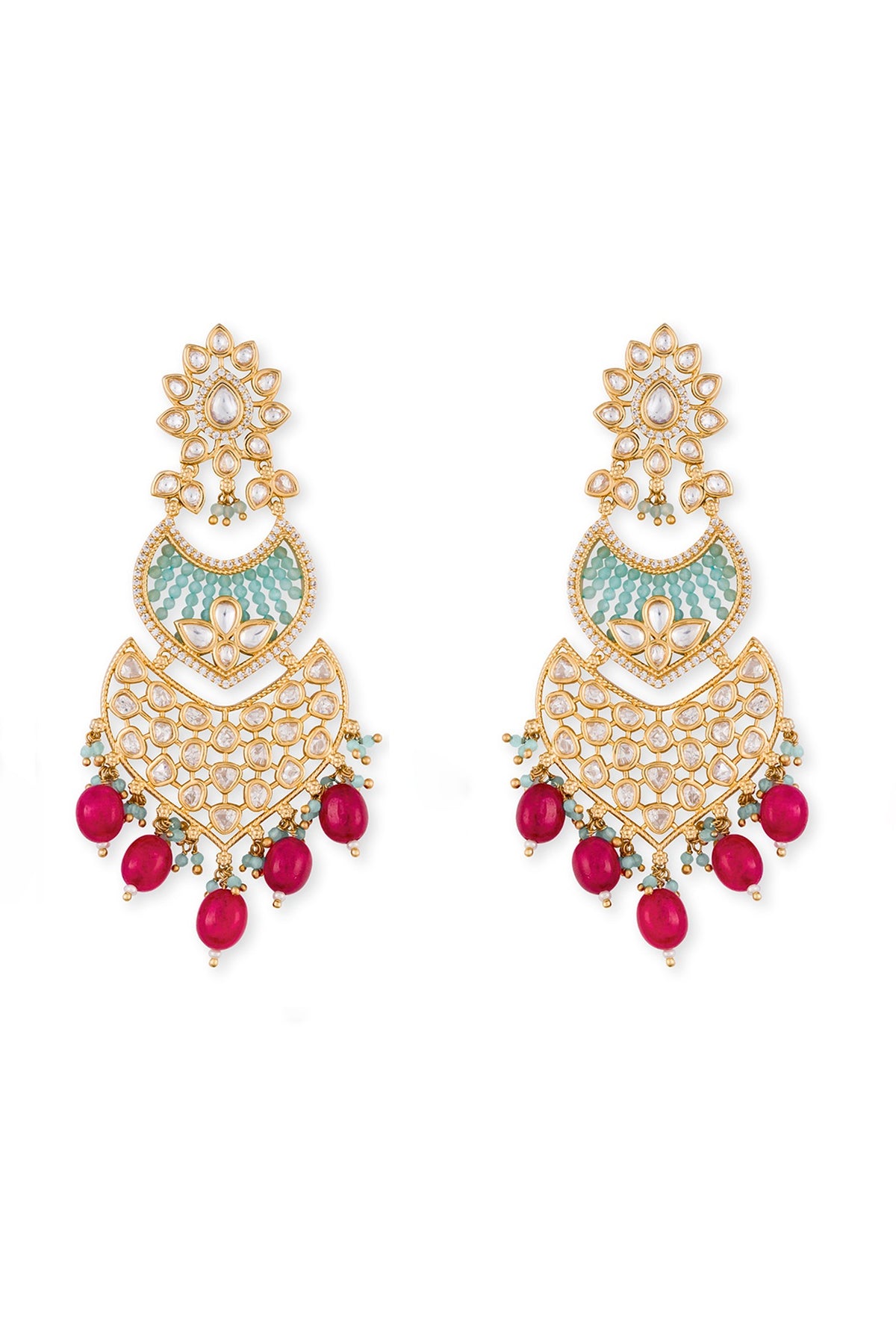 Gold Finish Magenta Semi-Precious Stone Dangler Earrings In 18 Kt