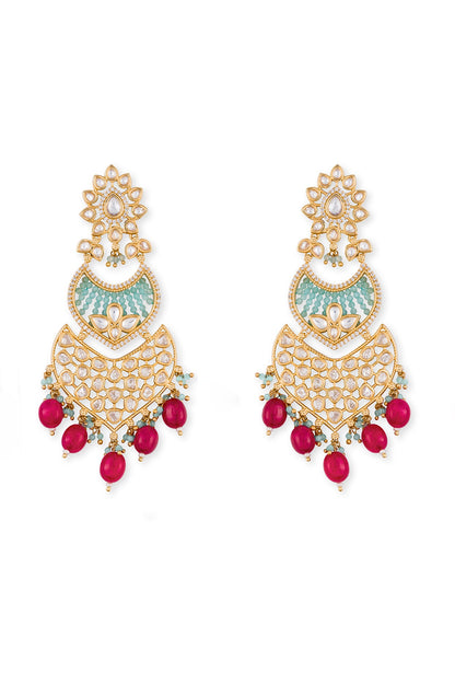 Gold Finish Magenta Semi-Precious Stone Dangler Earrings In 18 Kt