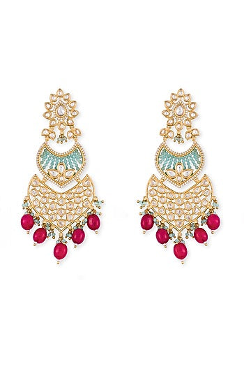 Gold Finish Magenta Semi-Precious Stone Dangler Earrings In 18 Kt
