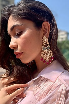 Gold Finish Magenta Semi-Precious Stone Dangler Earrings In 18 Kt