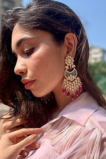 Gold Finish Magenta Semi-Precious Stone Dangler Earrings In 18 Kt