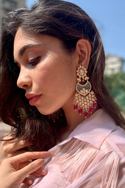 Gold Finish Magenta Semi-Precious Stone Dangler Earrings In 18 Kt