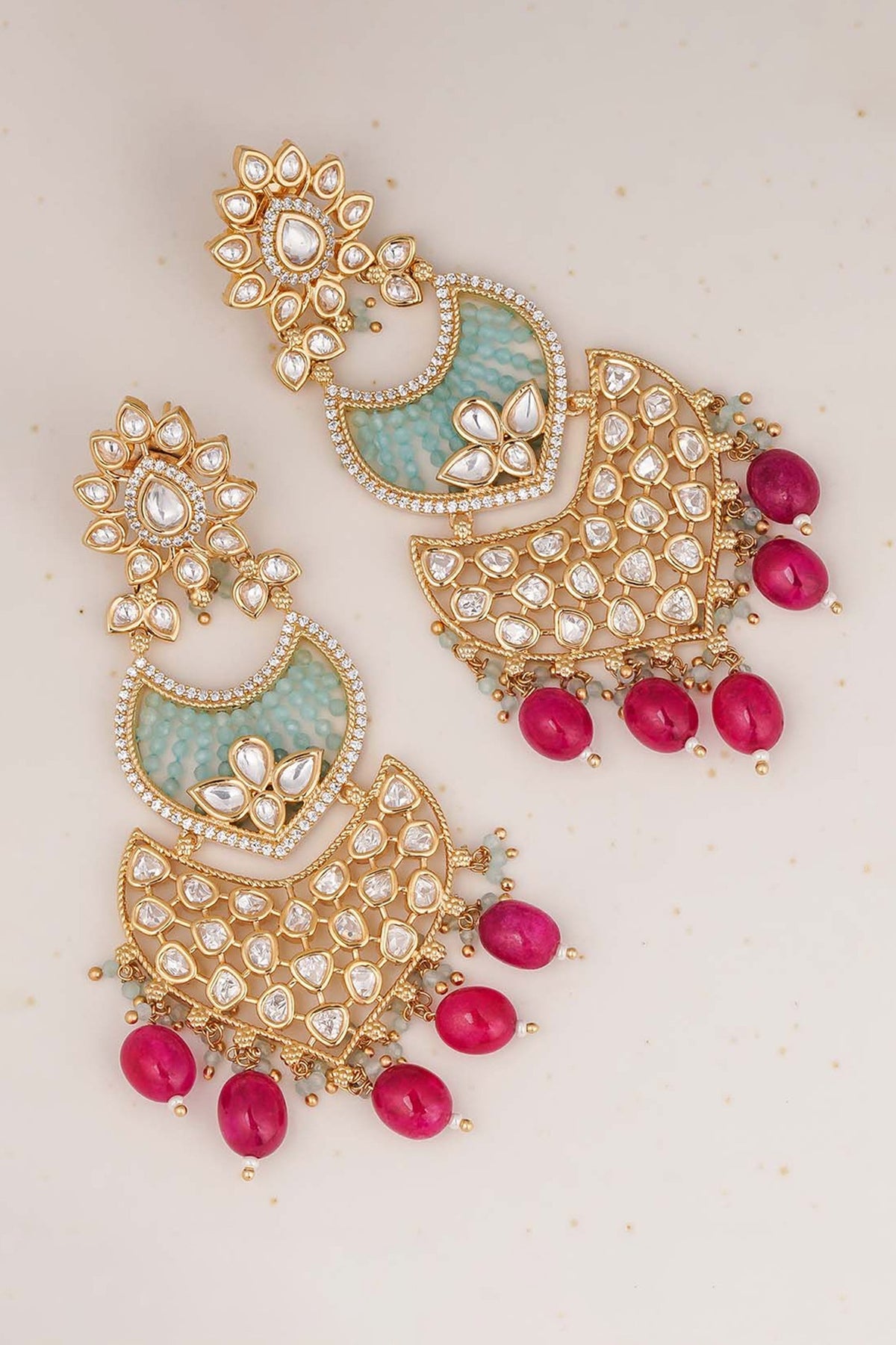 Gold Finish Magenta Semi-Precious Stone Dangler Earrings In 18 Kt