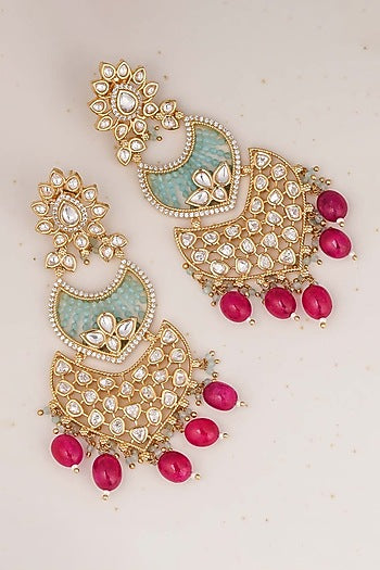 Gold Finish Magenta Semi-Precious Stone Dangler Earrings In 18 Kt