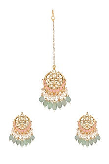 Gold Finish Multi-Colored Stones Maang Tikka With Earrings