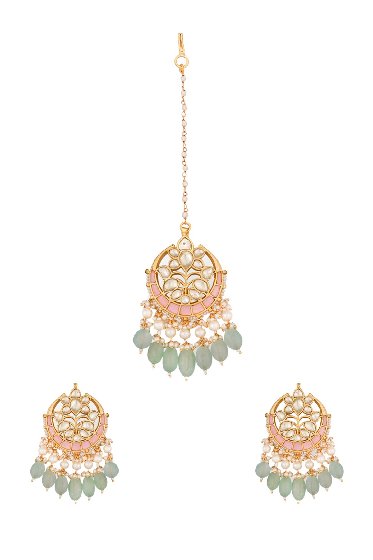Gold Finish Multi-Colored Stones Maang Tikka With Earrings