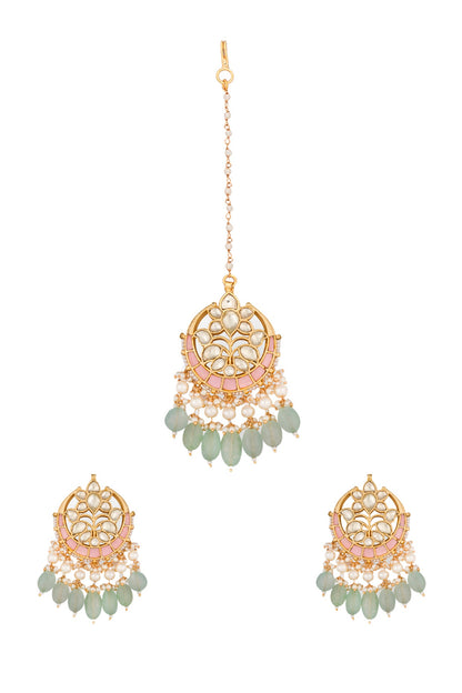 Gold Finish Multi-Colored Stones Maang Tikka With Earrings