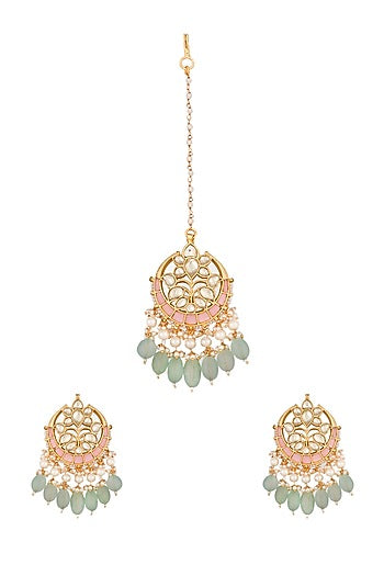 Gold Finish Multi-Colored Stones Maang Tikka With Earrings