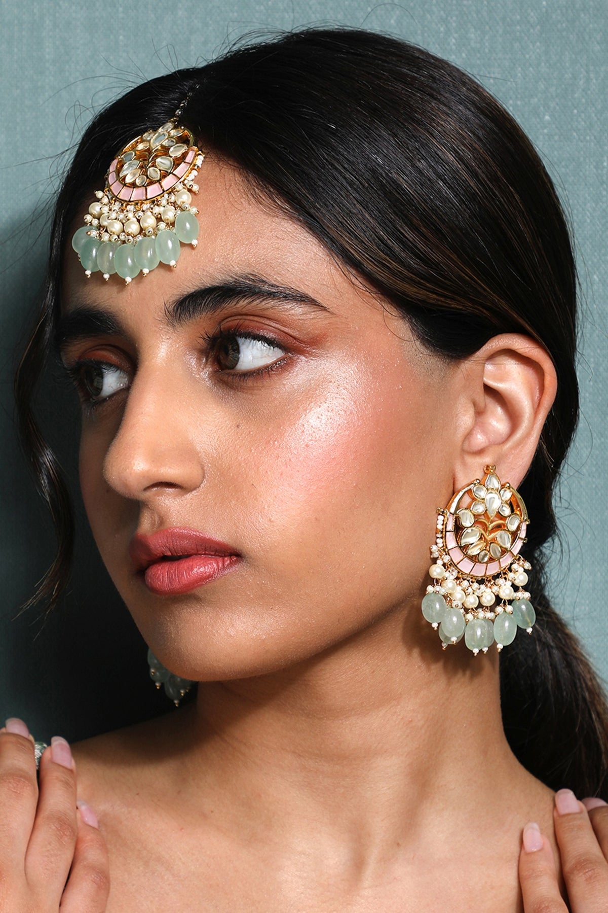 Gold Finish Multi-Colored Stones Maang Tikka With Earrings