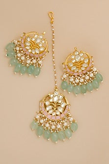 Gold Finish Multi-Colored Stones Maang Tikka With Earrings