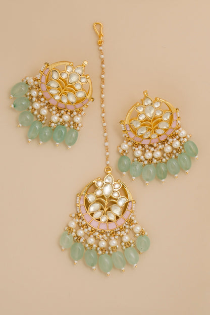 Gold Finish Multi-Colored Stones Maang Tikka With Earrings