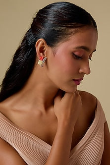 Gold Finish Cubic Zirconia & Multi-Colored Stone Enameled Floral Stud Earrings In Sterling Silver