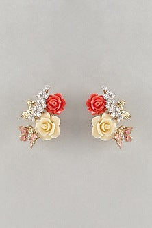 Gold Finish Cubic Zirconia & Multi-Colored Stone Enameled Floral Stud Earrings In Sterling Silver
