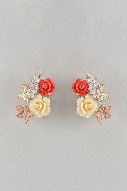 Gold Finish Cubic Zirconia & Multi-Colored Stone Enameled Floral Stud Earrings In Sterling Silver