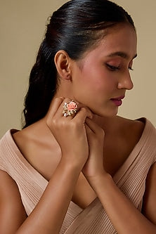 Gold Finish Cubic Zirconia Pink Enameled Floral Ring In Sterling Silver