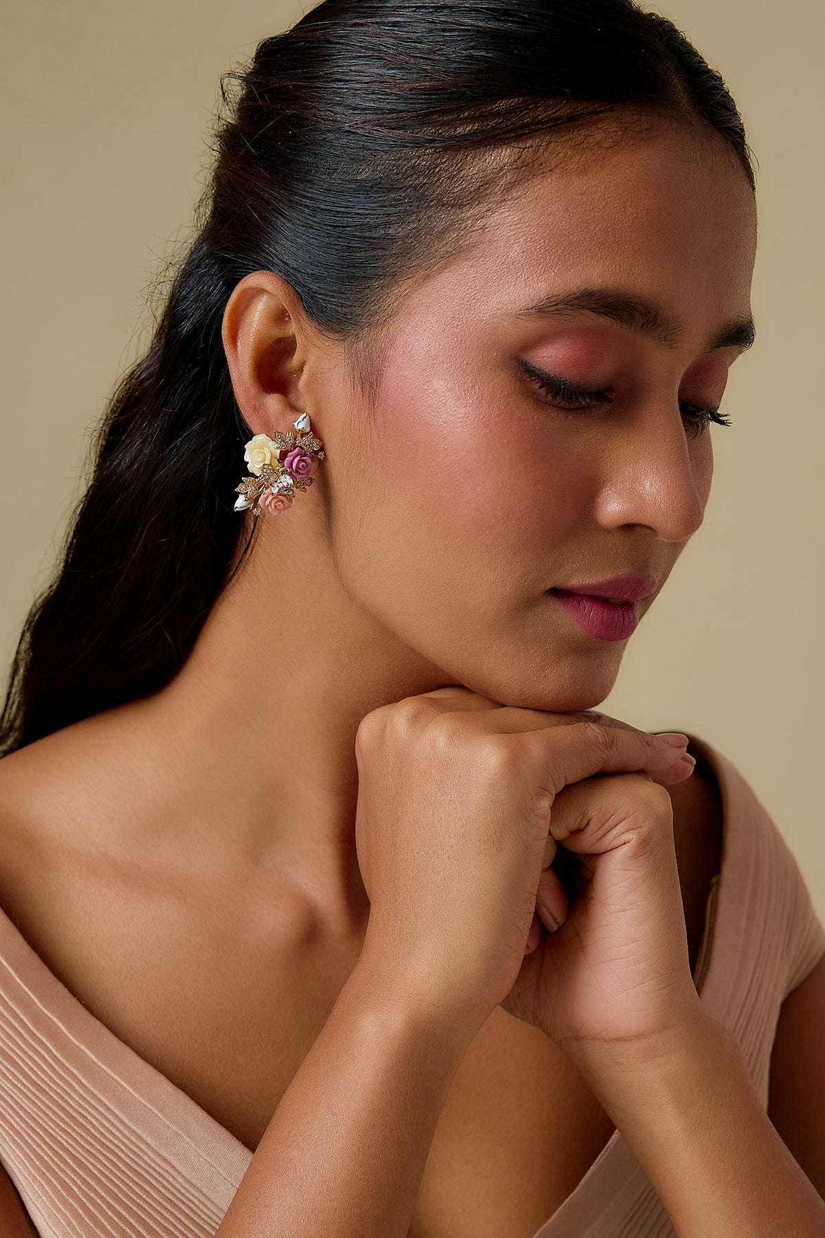 White Finish Cubic Zirconia & Peach Stone Handcrafted Floral Dangler Earrings In Sterling Silver