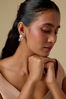 White Finish Cubic Zirconia & Peach Stone Handcrafted Floral Dangler Earrings In Sterling Silver