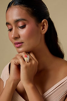 Gold Finish Cubic Zirconia Pink Enameled Floral Ring In Sterling Silver