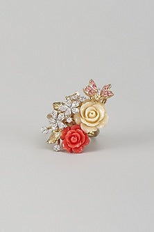 Gold Finish Cubic Zirconia Pink Enameled Floral Ring In Sterling Silver