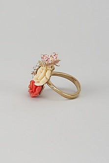 Gold Finish Cubic Zirconia Pink Enameled Floral Ring In Sterling Silver