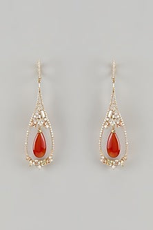 Gold Finish Cubic Zirconia & Agate Stone Dangler Earrings In Sterling Silver