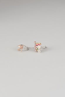 White Finish Multi-Colored Cubic Zirconia & Mother Of Pearl Double Finger Ring In Sterling Silver