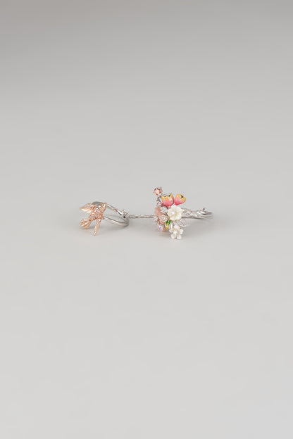 White Finish Multi-Colored Cubic Zirconia & Mother Of Pearl Double Finger Ring In Sterling Silver