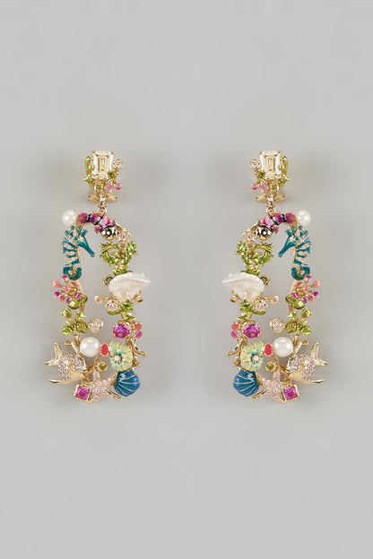 Gold Finish Cubic Zirconia & Keishi Pearl Enameled Dangler Earrings In Sterling Silver