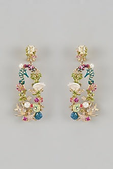 Gold Finish Cubic Zirconia & Keishi Pearl Enameled Dangler Earrings In Sterling Silver
