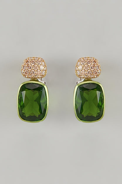 Gold Finish Cubic Zirconia & Green Stone Dangler Earrings In Sterling Silver