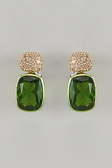 Gold Finish Cubic Zirconia & Green Stone Dangler Earrings In Sterling Silver