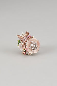 White Finish Peach Cubic Zirconia & Mother Of Pearl Bird Ring In Sterling Silver