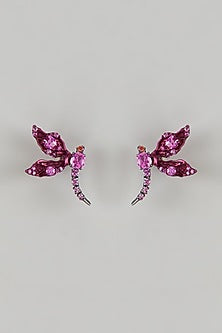 Black Rhodium Finish Pink Cubic Zirconia Dragonfly Stud Earrings In Sterling Silver
