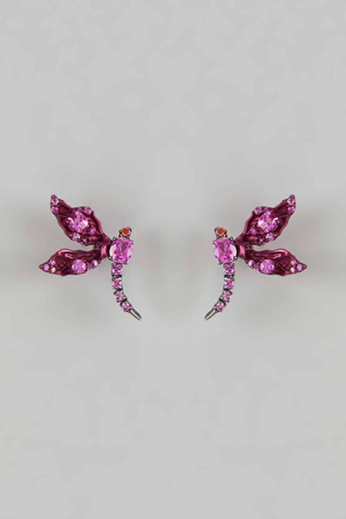 Black Rhodium Finish Pink Cubic Zirconia Dragonfly Stud Earrings In Sterling Silver