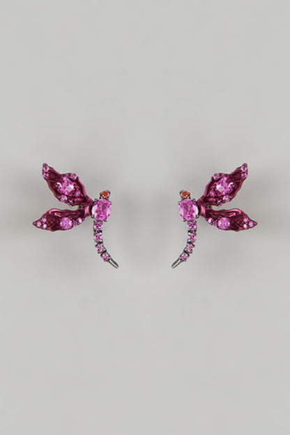 Black Rhodium Finish Pink Cubic Zirconia Dragonfly Stud Earrings In Sterling Silver