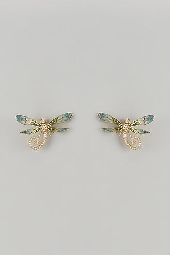 Gold Finish Green Cubic Zirconia Dragonfly Stud Earrings In Sterling Silver
