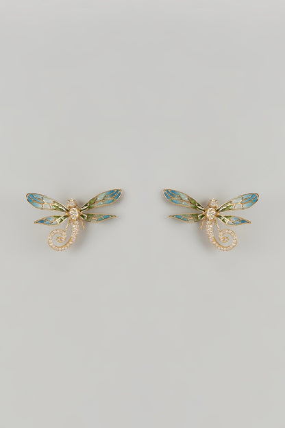 Gold Finish Green Cubic Zirconia Dragonfly Stud Earrings In Sterling Silver