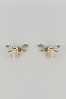 Gold Finish Green Cubic Zirconia Dragonfly Stud Earrings In Sterling Silver