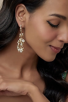 Gold Finish Cubic Zirconia & Mother Of Pearl Dangler Earrings In Sterling Silver