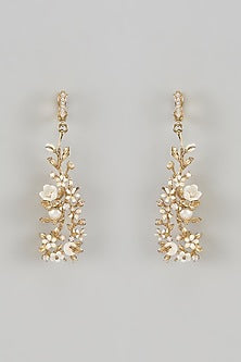Gold Finish Cubic Zirconia & Mother Of Pearl Dangler Earrings In Sterling Silver