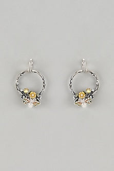 Black Rhodium Finish Cubic Zirconia & Mother Of Pearl Floral Dangler Earrings In Sterling Silver