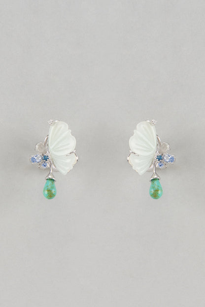 White Finish Cubic Zirconia & Aqua Amazonite Stone Stud Earrings In Sterling Silver
