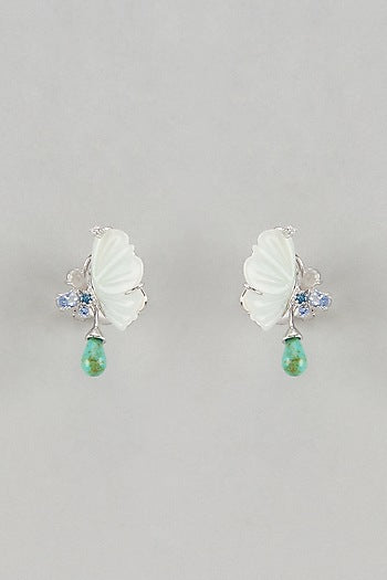 White Finish Cubic Zirconia & Aqua Amazonite Stone Stud Earrings In Sterling Silver