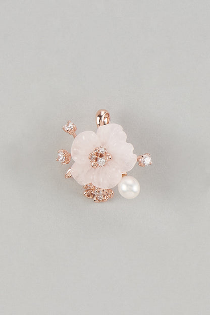 Rose Gold Finish Cubic Zirconia & Rose Quartz Floral Pendant In Sterling Silver