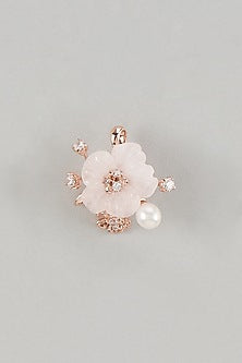 Rose Gold Finish Cubic Zirconia & Rose Quartz Floral Pendant In Sterling Silver